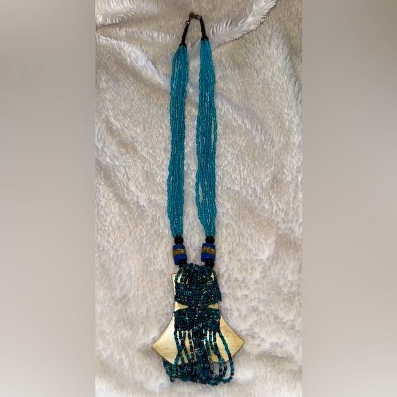 Vintage Unique Multi Strand Sea Beads Necklace w/Mother of Pearl Pendant - Picture 1 of 7